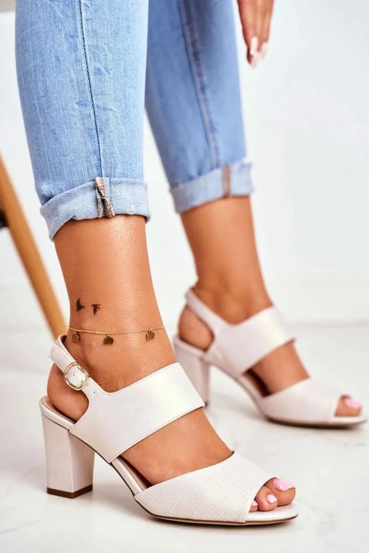 Damskie Buty Sergio Leone Perłowe Sandały Na Słupku Sergio Leone SK778 Beżowe