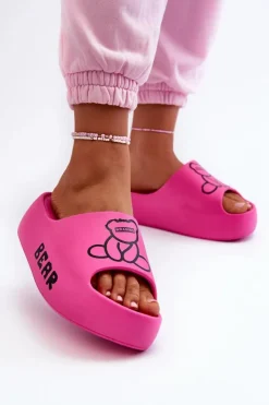 Boto Klapki Basenowe|Klapki Na Platformie*Piankowe Klapki Damskie Na Masywnej Podeszwie Z Misiem Fuksja Lamira Różowy
