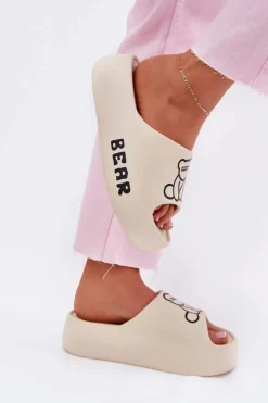 Outlet Boto Piankowe Klapki Damskie Na Masywnej Podeszwie Z Misiem Jasnobeżowe Lamira