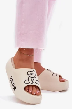 Outlet Boto Piankowe Klapki Damskie Na Masywnej Podeszwie Z Misiem Jasnobeżowe Lamira