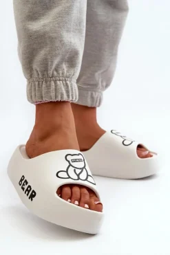 Hot Boto Piankowe Klapki Damskie Na Masywnej Podeszwie Z Misiem Białe Lamira Biały