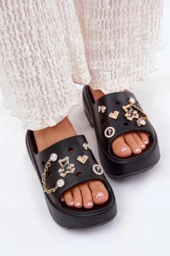 Damskie Boto Piankowe Klapki Damskie Na Masywnej Platformie Ze Złotymi Przypinkami Czarne Ivoriel