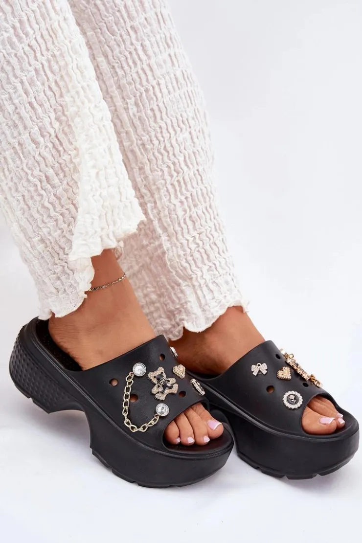 Damskie Boto Piankowe Klapki Damskie Na Masywnej Platformie Ze Złotymi Przypinkami Czarne Ivoriel