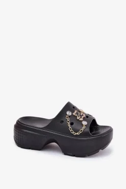 Damskie Boto Piankowe Klapki Damskie Na Masywnej Platformie Ze Złotymi Przypinkami Czarne Ivoriel