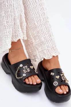 Damskie Boto Piankowe Klapki Damskie Na Masywnej Platformie Ze Złotymi Przypinkami Czarne Ivoriel