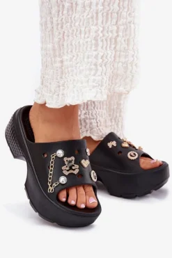 Damskie Boto Piankowe Klapki Damskie Na Masywnej Platformie Ze Złotymi Przypinkami Czarne Ivoriel