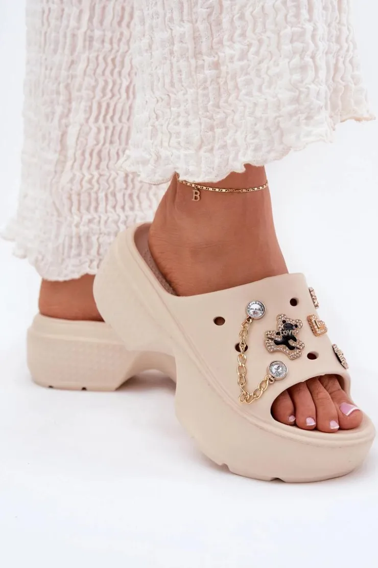 Boto Klapki Basenowe|Klapki Na Platformie*Piankowe Klapki Damskie Na Masywnej Platformie Ze Złotymi Przypinkami Beżowe Ivoriel