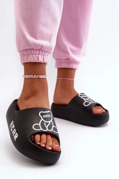 Boto Klapki Basenowe|Klapki Na Platformie*Piankowe Klapki Damskie Na Masywnej Podeszwie Z Misiem Czarne Lamira