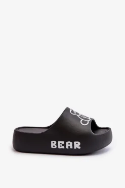 Boto Klapki Basenowe|Klapki Na Platformie*Piankowe Klapki Damskie Na Masywnej Podeszwie Z Misiem Czarne Lamira