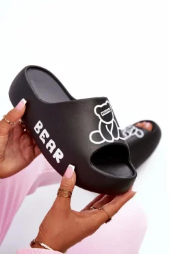 Boto Klapki Basenowe|Klapki Na Platformie*Piankowe Klapki Damskie Na Masywnej Podeszwie Z Misiem Czarne Lamira