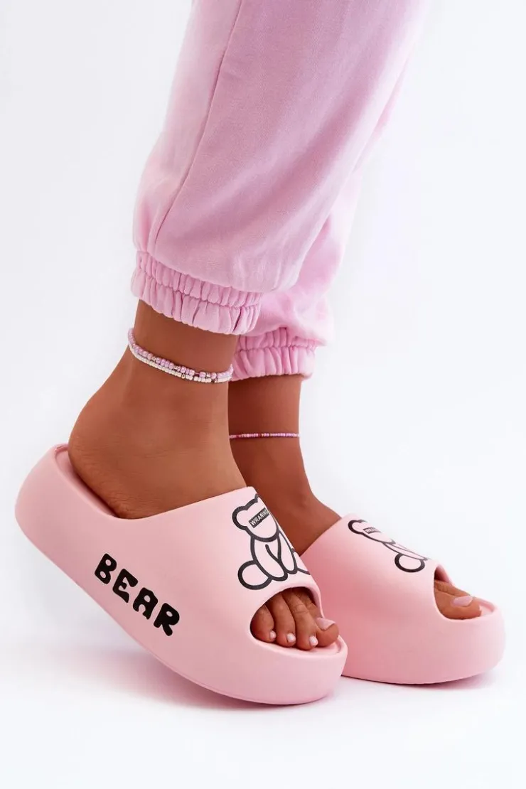 Damskie Boto Piankowe Klapki Damskie Na Masywnej Podeszwie Z Misiem Różowe Lamira