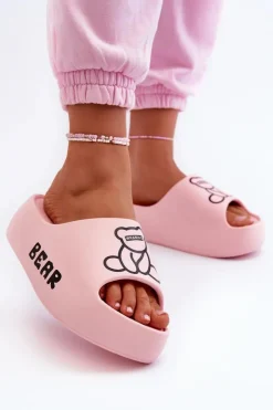 Damskie Boto Piankowe Klapki Damskie Na Masywnej Podeszwie Z Misiem Różowe Lamira