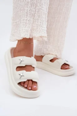 Outlet Boto Piankowe Klapki Damskie Na Platformie Ecru Falowena Biały