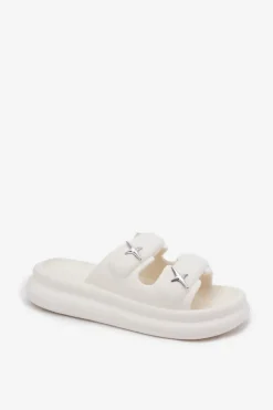 Outlet Boto Piankowe Klapki Damskie Na Platformie Ecru Falowena Biały