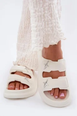 Outlet Boto Piankowe Klapki Damskie Na Platformie Ecru Falowena Biały