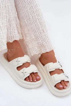 Outlet Boto Piankowe Klapki Damskie Na Platformie Ecru Falowena Biały