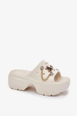New Boto Piankowe Klapki Damskie Na Masywnej Platformie Ze Złotymi Przypinkami Ecru Ivoriel