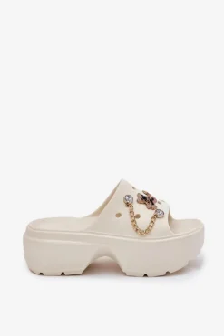 New Boto Piankowe Klapki Damskie Na Masywnej Platformie Ze Złotymi Przypinkami Ecru Ivoriel