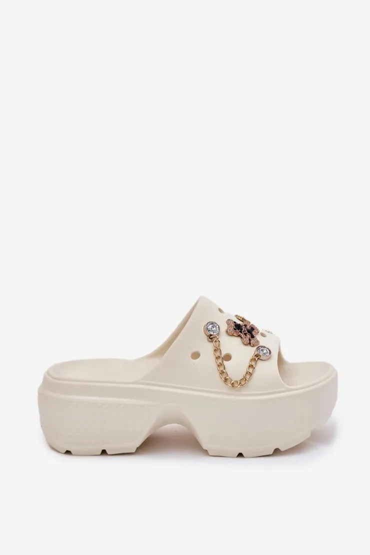 New Boto Piankowe Klapki Damskie Na Masywnej Platformie Ze Złotymi Przypinkami Ecru Ivoriel
