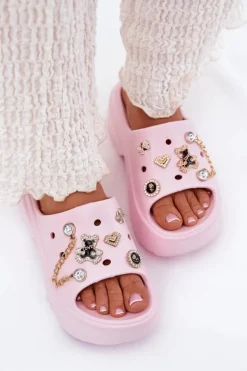 Damskie Boto Piankowe Klapki Damskie Na Masywnej Platformie Ze Złotymi Przypinkami Różowe Ivoriel