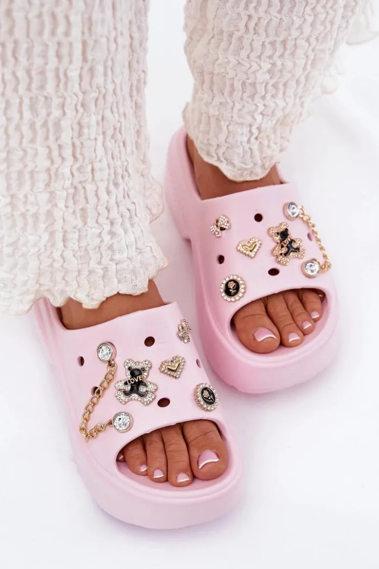 Damskie Boto Piankowe Klapki Damskie Na Masywnej Platformie Ze Złotymi Przypinkami Różowe Ivoriel