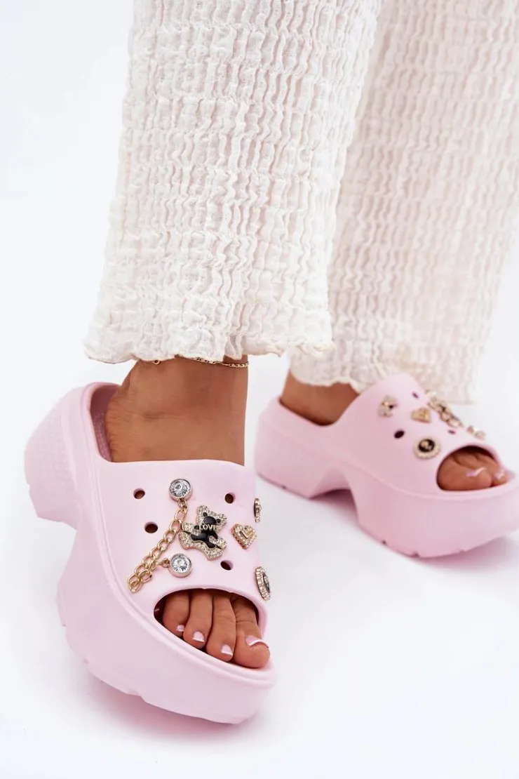 Damskie Boto Piankowe Klapki Damskie Na Masywnej Platformie Ze Złotymi Przypinkami Różowe Ivoriel