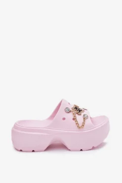 Damskie Boto Piankowe Klapki Damskie Na Masywnej Platformie Ze Złotymi Przypinkami Różowe Ivoriel