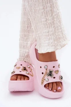 Damskie Boto Piankowe Klapki Damskie Na Masywnej Platformie Ze Złotymi Przypinkami Różowe Ivoriel