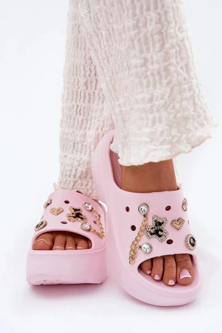 Damskie Boto Piankowe Klapki Damskie Na Masywnej Platformie Ze Złotymi Przypinkami Różowe Ivoriel