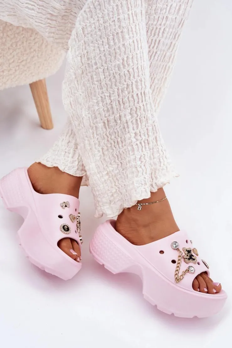 Damskie Boto Piankowe Klapki Damskie Na Masywnej Platformie Ze Złotymi Przypinkami Różowe Ivoriel