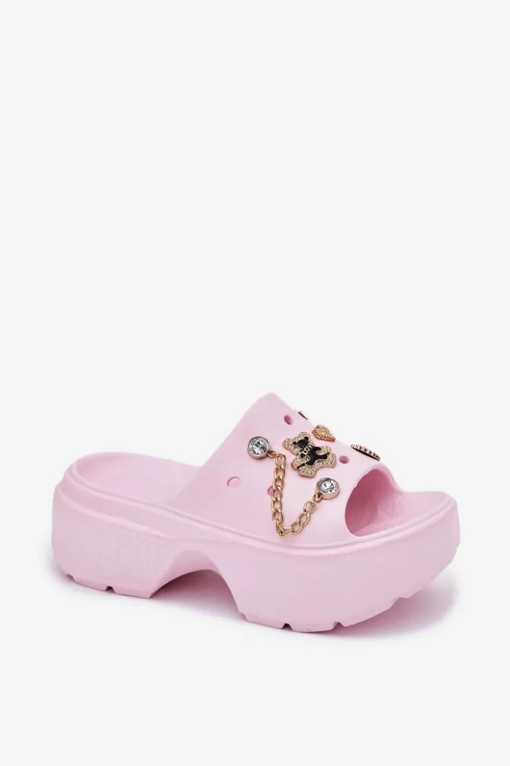 Damskie Boto Piankowe Klapki Damskie Na Masywnej Platformie Ze Złotymi Przypinkami Różowe Ivoriel