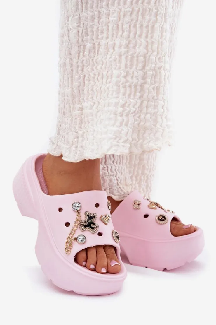 Damskie Boto Piankowe Klapki Damskie Na Masywnej Platformie Ze Złotymi Przypinkami Różowe Ivoriel