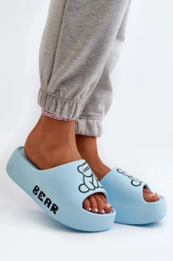 Damskie Boto Piankowe Klapki Damskie Na Masywnej Podeszwie Z Misiem Niebieskie Lamira