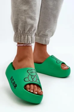 Damskie Boto Piankowe Klapki Damskie Na Masywnej Podeszwie Z Misiem Zielone Lamira