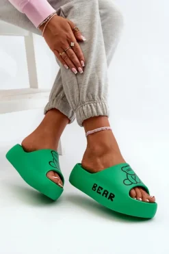 Damskie Boto Piankowe Klapki Damskie Na Masywnej Podeszwie Z Misiem Zielone Lamira