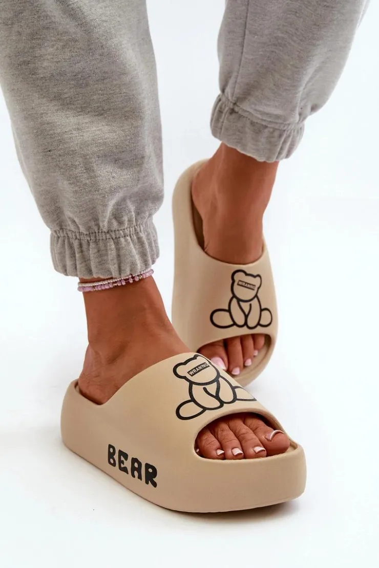 New Boto Piankowe Klapki Damskie Na Masywnej Podeszwie Z Misiem Ciemnobeżowe Lamira