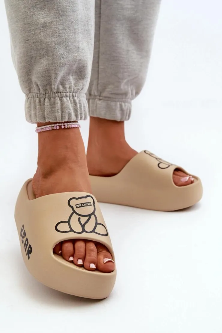 New Boto Piankowe Klapki Damskie Na Masywnej Podeszwie Z Misiem Ciemnobeżowe Lamira