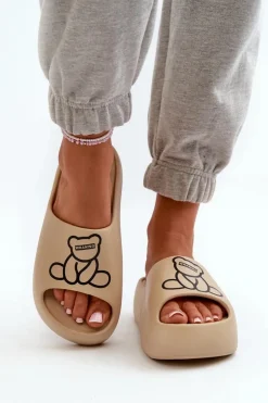 New Boto Piankowe Klapki Damskie Na Masywnej Podeszwie Z Misiem Ciemnobeżowe Lamira