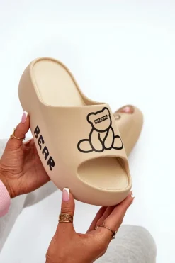 New Boto Piankowe Klapki Damskie Na Masywnej Podeszwie Z Misiem Ciemnobeżowe Lamira