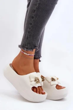 Boto Klapki Na Platformie|Klapki Damskie Klasyczne*Piankowe Klapki Damskie Z Kokardą Białe Salessa