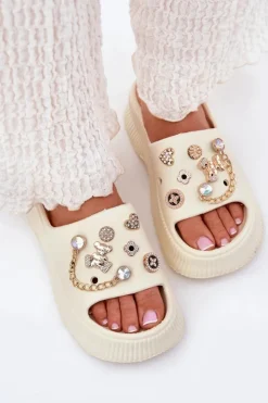 Boto Klapki Basenowe|Klapki Na Platformie*Piankowe Klapki Damskie Ze Złotymi Przypinkami Jasnobeżowe Hortiana