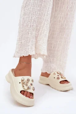 Boto Klapki Basenowe|Klapki Na Platformie*Piankowe Klapki Damskie Ze Złotymi Przypinkami Jasnobeżowe Hortiana