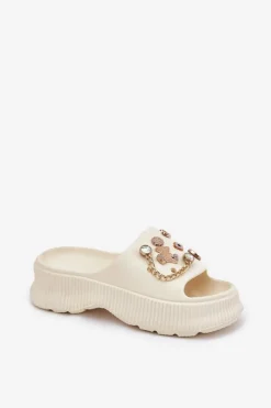 Boto Klapki Basenowe|Klapki Na Platformie*Piankowe Klapki Damskie Ze Złotymi Przypinkami Jasnobeżowe Hortiana