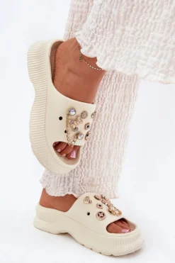 Boto Klapki Basenowe|Klapki Na Platformie*Piankowe Klapki Damskie Ze Złotymi Przypinkami Jasnobeżowe Hortiana