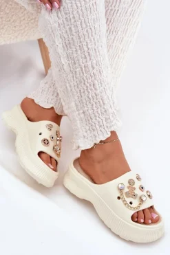 Boto Klapki Basenowe|Klapki Na Platformie*Piankowe Klapki Damskie Ze Złotymi Przypinkami Jasnobeżowe Hortiana