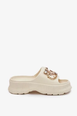 Boto Klapki Basenowe|Klapki Na Platformie*Piankowe Klapki Damskie Ze Złotymi Przypinkami Jasnobeżowe Hortiana