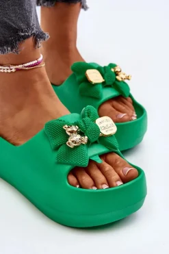 Hot Boto Piankowe Klapki Damskie Z Kokardą Zielone Salessa