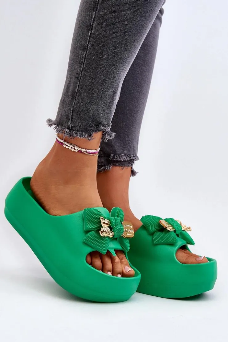 Hot Boto Piankowe Klapki Damskie Z Kokardą Zielone Salessa