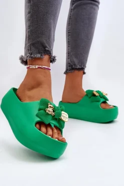 Hot Boto Piankowe Klapki Damskie Z Kokardą Zielone Salessa