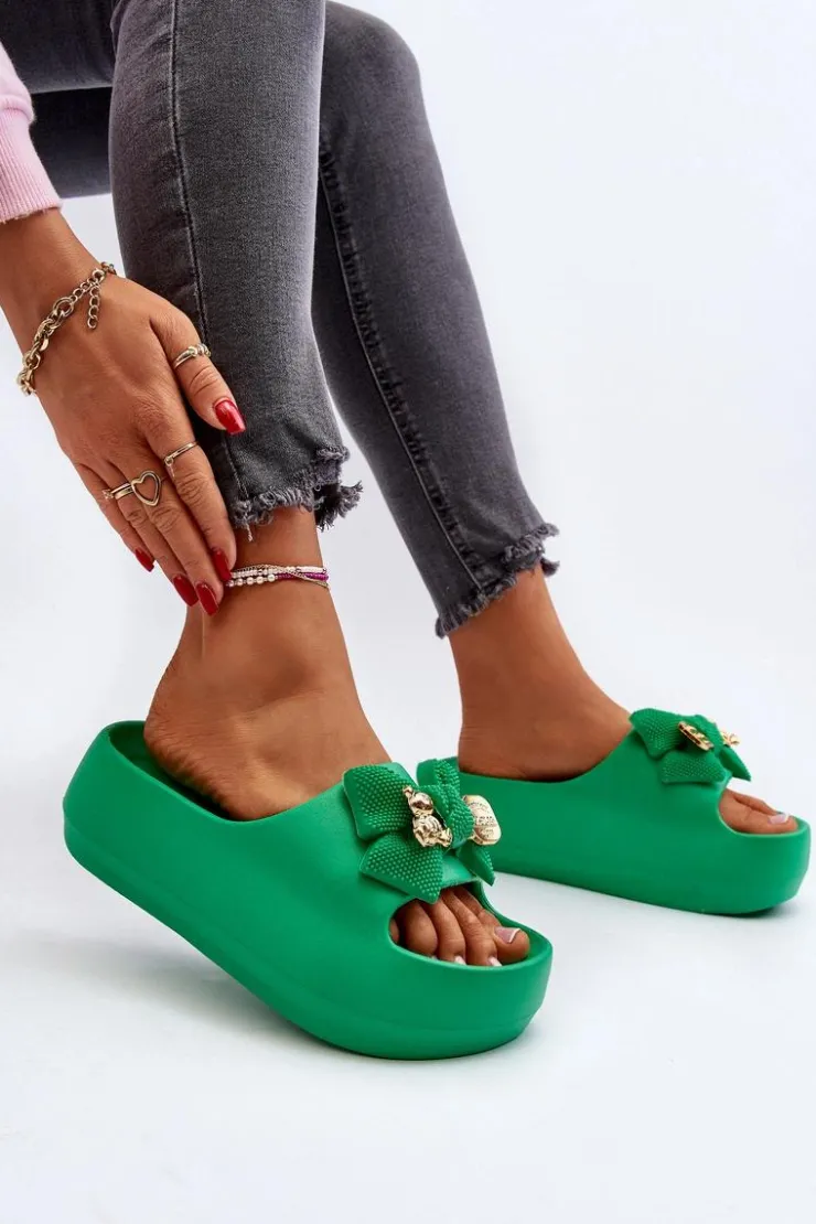 Hot Boto Piankowe Klapki Damskie Z Kokardą Zielone Salessa